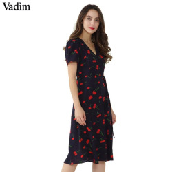 Vadim vintage V neck floral pattern midi wrap dress cherry dress bow tie cross design short sleeve retro vestido mujer QZ3506