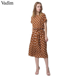 Vadim vintage bow tie sashes dot pattern midi dress elastic waist short sleeve summer ladies casual dresses vestidos QA092