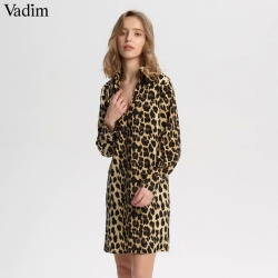 Vadim women Leopard V neck dress animal skin pattern chic long sleeve retro vintage casual straight dresses vestidos QA599