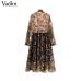 Vadim women V neck floral chiffon pleated dress see through long sleeve vintage female retro chic mid calf dress vestidos QA763