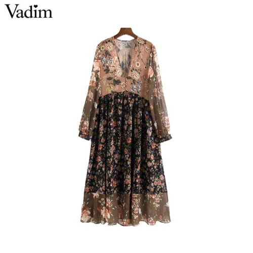 Vadim women V neck floral chiffon pleated dress see through long sleeve vintage female retro chic mid calf dress vestidos QA763