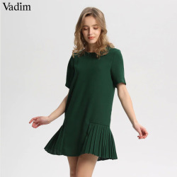 Vadim women basic cute pleated dress short sleeve back zipper chic casual dresses O neck solid straight vestidos QB093