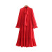 Vadim women bow tie collar red midi dress long sleeve side zipper ruffles female casual dresses stylish mid calf vestidos QB174