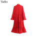 Vadim women bow tie collar red midi dress long sleeve side zipper ruffles female casual dresses stylish mid calf vestidos QB174