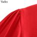 Vadim women bow tie collar red midi dress long sleeve side zipper ruffles female casual dresses stylish mid calf vestidos QB174