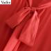 Vadim women bow tie collar red midi dress long sleeve side zipper ruffles female casual dresses stylish mid calf vestidos QB174