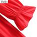 Vadim women bow tie collar red midi dress long sleeve side zipper ruffles female casual dresses stylish mid calf vestidos QB174