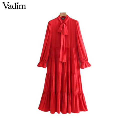 Vadim women bow tie collar red midi dress long sleeve side zipper ruffles female casual dresses stylish mid calf vestidos QB174