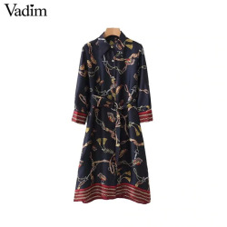 Vadim women chains print shirt dress striped with belt three quarter sleeve side split casual chic loose vestido QA681