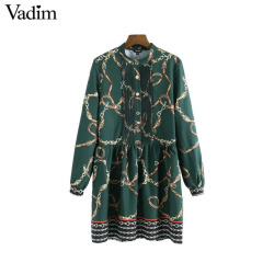 Vadim women chic chains pattern pleated dress long sleeve elastic waist vintage female casual pleated dress vestidos QA788