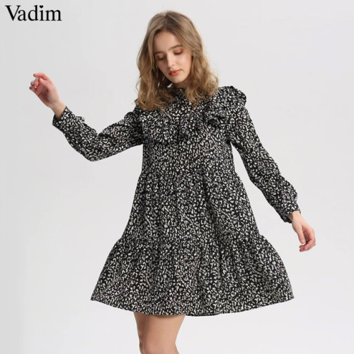 Vadim women chic leopard print mini dress sweet ruffled long sleeve animal pattern pleated casual straight dress vestidos QA670