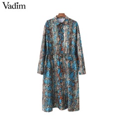 Vadim women chic snake skin print shirt dress long sleeve drawstring sashes animal pattern casual mid calf dress vestidos QA834