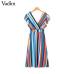 Vadim women colorful striped midi dress V neck short sleeve bow tie sashes elastic waist casual mid calf dresses vestidos QB191