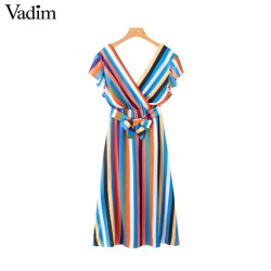 Vadim women colorful striped midi dress V neck short sleeve bow tie sashes elastic waist casual mid calf dresses vestidos QB191