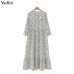 Vadim women dots print maxi dress pleated three quarter sleeve female casual straight dresses chic ankle length vestidos QB260