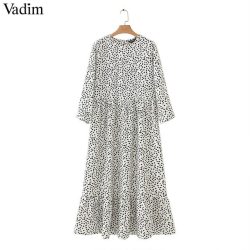 Vadim women dots print maxi dress pleated three quarter sleeve female casual straight dresses chic ankle length vestidos QB260