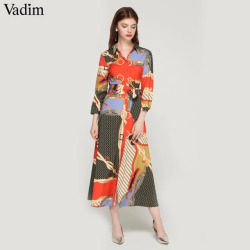 Vadim women elegant patchwork print maxi dress bow tie sashes long sleeve pleated female office wear long dresses vestidos QA483