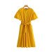 Vadim women elegant yellow mid calf dress sashes pockets elastic waist short sleeve female pleated chic dresses vestidos QZ3624