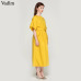 Vadim women elegant yellow mid calf dress sashes pockets elastic waist short sleeve female pleated chic dresses vestidos QZ3624