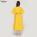 Vadim women elegant yellow mid calf dress sashes pockets elastic waist short sleeve female pleated chic dresses vestidos QZ3624