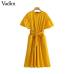 Vadim women elegant yellow mid calf dress sashes pockets elastic waist short sleeve female pleated chic dresses vestidos QZ3624