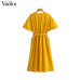 Vadim women elegant yellow mid calf dress sashes pockets elastic waist short sleeve female pleated chic dresses vestidos QZ3624