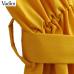 Vadim women elegant yellow mid calf dress sashes pockets elastic waist short sleeve female pleated chic dresses vestidos QZ3624