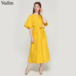 Vadim women elegant yellow mid calf dress sashes pockets elastic waist short sleeve female pleated chic dresses vestidos QZ3624