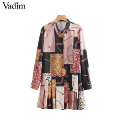 Vadim women floral chain print shirt dress long sleeve turn down collar pleated casual mini dresses vestidos mujer QA665