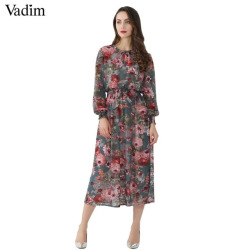 Vadim women floral chiffon dress two pieces set long sleeve elastic waist mid calf o neck casual brand dresses vestidos QZ3200