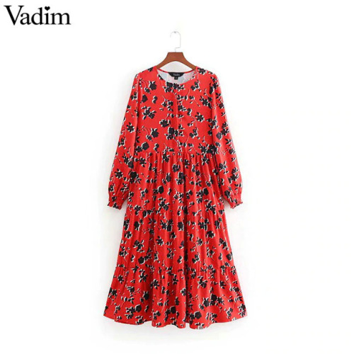 Vadim women floral print mid calf shirt dress long sleeve o neck pleated female casual retro midi dresses vestidos mujer QB295