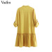 Vadim women green yellow V neck mini dress pockets pleated long sleeve straight dresses female casual solid loose vestido QB198