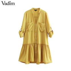 Vadim women green yellow V neck mini dress pockets pleated long sleeve straight dresses female casual solid loose vestido QB198