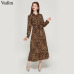 Vadim women leopard print ankle length dress bow tie sashes long sleeve retro ladies casual chic dresses vestidos QA472