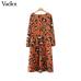 Vadim women leopard print pleated midi dress animal pattern long sleeve split female fashion casual dresses vestidos QA997