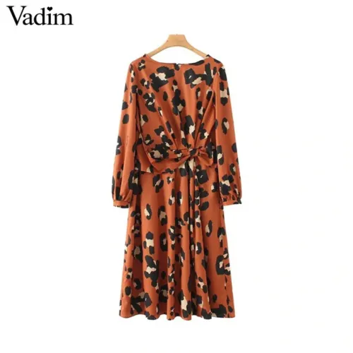 Vadim women leopard print pleated midi dress animal pattern long sleeve split female fashion casual dresses vestidos QA997