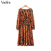 Vadim women leopard print pleated midi dress animal pattern long sleeve split female fashion casual dresses vestidos QA997