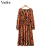 Vadim women leopard print pleated midi dress animal pattern long sleeve split female fashion casual dresses vestidos QA997