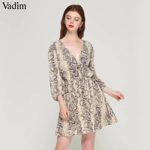 Vadim women sexy V neck snake pattern dress elastic waist three quarter sleeve pleated buttons casual mini vestidos QA423