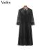 Vadim women sexy lace patchwork chiffon midi dress see through hollow out pleated female casual black dresses vestidos QA482