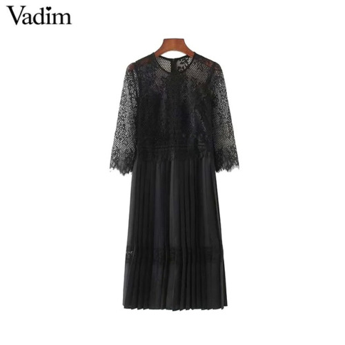 Vadim women sexy lace patchwork chiffon midi dress see through hollow out pleated female casual black dresses vestidos QA482