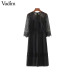 Vadim women sexy lace patchwork chiffon midi dress see through hollow out pleated female casual black dresses vestidos QA482