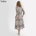 Vadim women snake print ankle length dress pockets long sleeve split pleated female casual chic dresses vestidos QA502