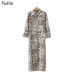 Vadim women snake print ankle length dress pockets long sleeve split pleated female casual chic dresses vestidos QA502