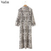 Vadim women snake print ankle length dress pockets long sleeve split pleated female casual chic dresses vestidos QA502