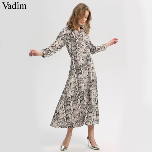 Vadim women snake print ankle length dress pockets long sleeve split pleated female casual chic dresses vestidos QA502