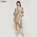 Vadim women snake print oversized dress V neck elastic waist split ladies summer loose mid calf chic dresses vestidos QA205