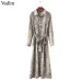 Vadim women snake skin pattern maxi dresses ankle length long dress bow tie sashes long sleeve casual chic vestidos QA472