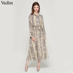 Vadim women snake skin pattern maxi dresses ankle length long dress bow tie sashes long sleeve casual chic vestidos QA472