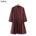 Vadim women solid pleated dress three quarter sleeve stand collar casual basic ladies casual mini dresses female vestidos QA442